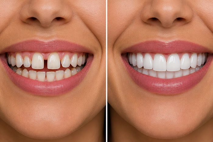 A smile before and after treatment: a gap between the front teeth on the left, closed and even on the right