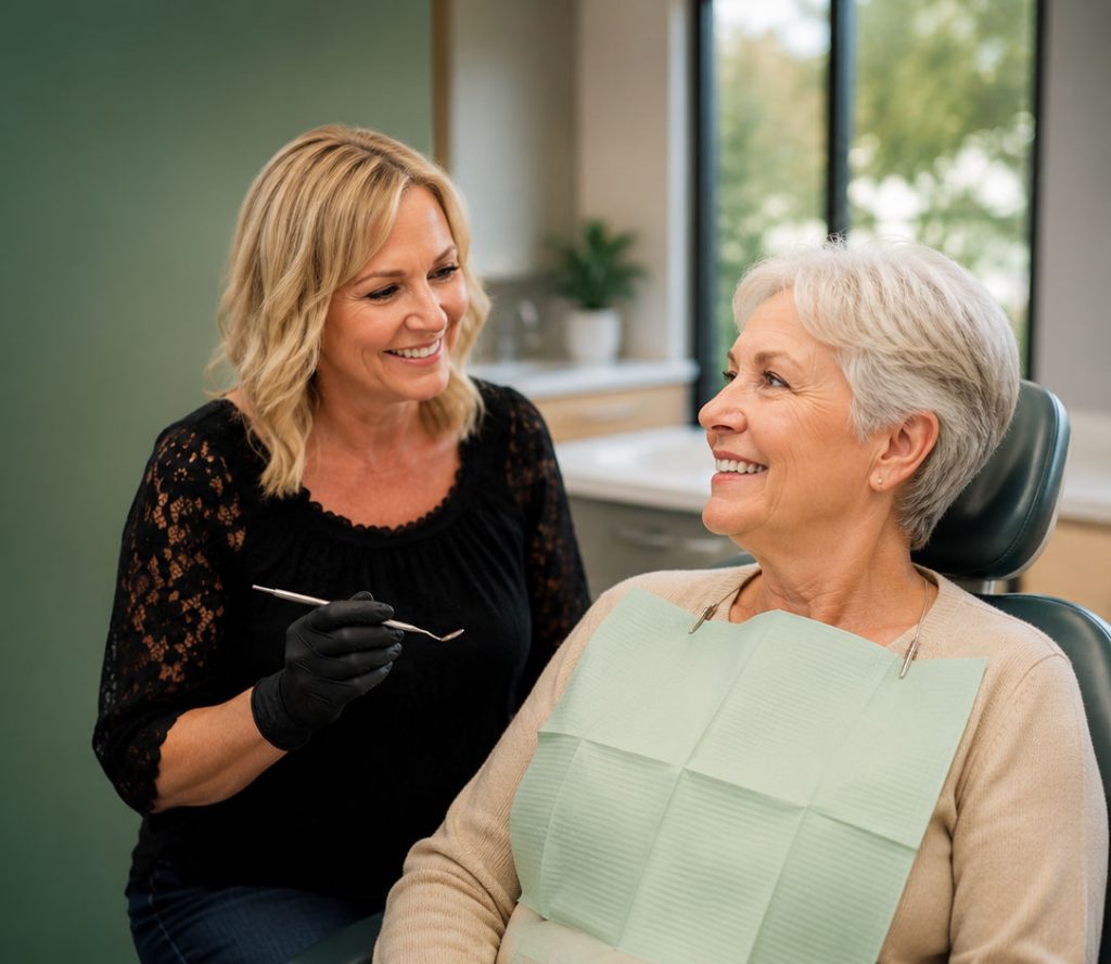A clinician talking with an older patient in the dental chair